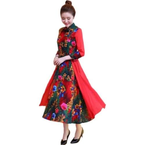 Spring and autumn and winter womens new national style Slim retro print cheongsam cotton and linen dress
