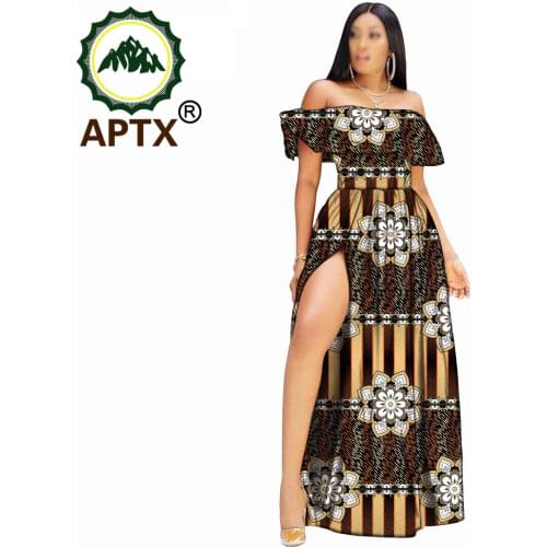African Women Dress Ankara Style Strapless Dress Floor Length Party Dresses Short Sleeve Elegant Floral Skirt Wax Pure Cotton