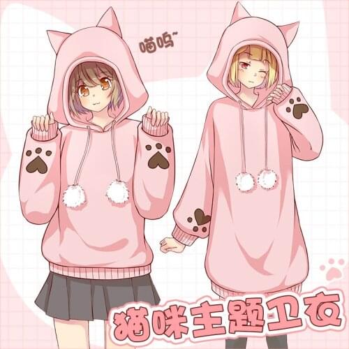 Anime!Neko Atsume Lovely Cats Paw Hoodie Cosplay Costume Aumtum Winter Fashion Leisure Cat Ears Sweater For Girls Free Shipping