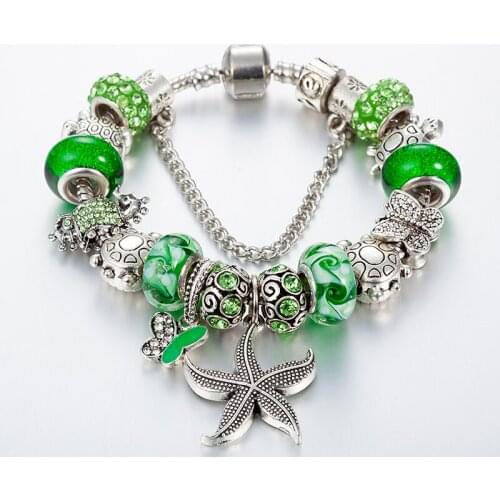 ANNAPAER European Starfish Green Charm Bracelets For Women Gift Silver Color Bracelets & Bangles DIY Jewelry Pulseras B16053