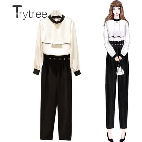 Trytree 2020 Spring Autumn Women Two Piece Set Casual Stand Collar Solid Loose Tops + Pants Zipper Belt Fashion 2 Piece Set