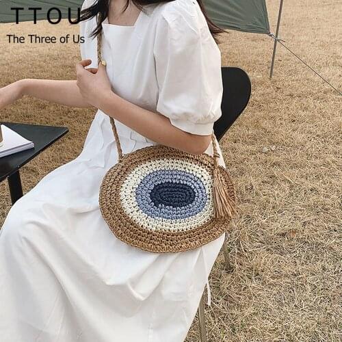 2021 Round Straw Bags Women Summer Rattan Bag Handmade Large Capacity Circle Woven Beach Shoulder Bag Circle Bohemia Handbag