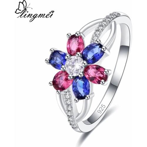 Lingmei Drop Shipping Wedding Bride FlowerSilver Color Ring For Women BlueRedPink Zircon Jewelry Fashion Ring Size 6-9