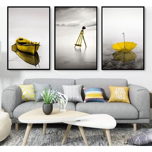 Nordic Style Black And White Seascape Canvas Painting Yellow Umbrella Boat Poster And Print Picture Room Bedroom Wall Art Decor