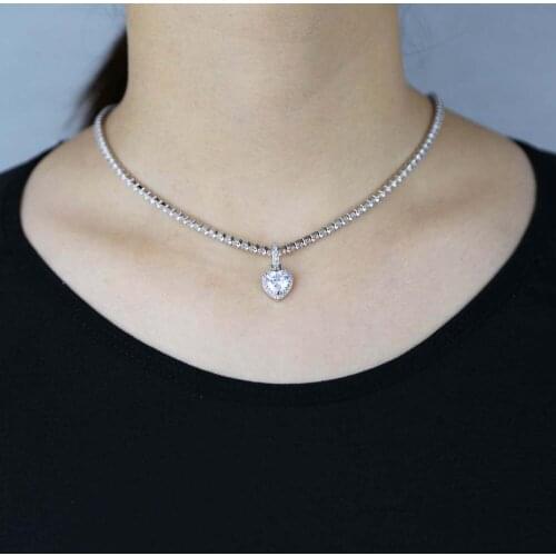 New arrived bling 3mm cz tennis chain choker necklace with heart pendant paved women lady wedding necklace jewelry wholesale