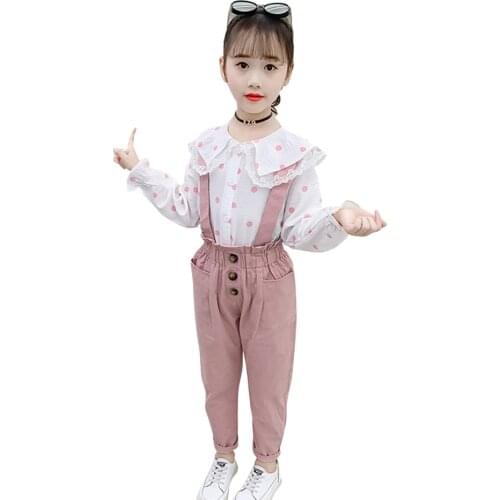 Clothes For Girls Lace Flower Costume For Girls Dot Blouse + Jumpsuit Girls Clothes Set Casual Style School Tracksuit Kids