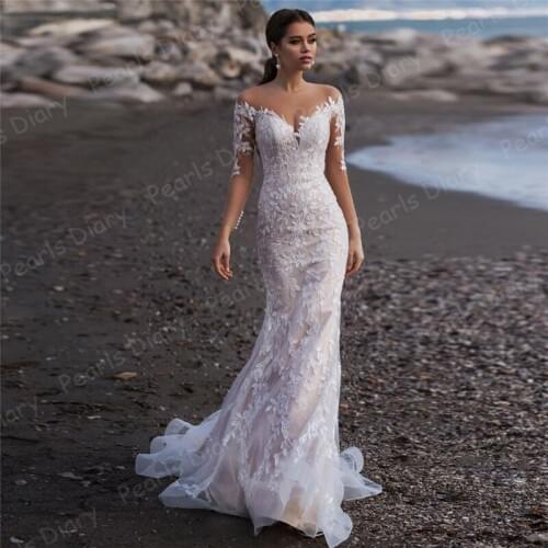 Beach Long Sleeves Mermaid Wedding Dresses Sheer Scoop Sweep Train Bridal Gowns Vestido De Casamento Lace Appliques Bride Dress