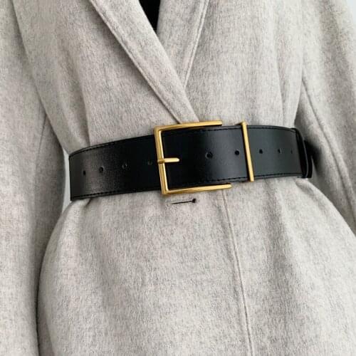 2021 Women Fashion Wide Belt Vintage Gold Square Metal Pin Buckle Black PU Leather Waist Strap Coat Dress Simple Dress Waistband