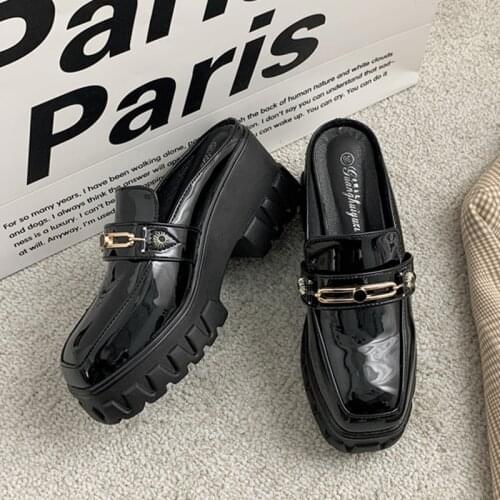 Patent Leather Mules Women Platform Wedges Slippers Slip on Square Toe Pumps Metal Decoration Thick Bottom Shoes Fashion Sandals