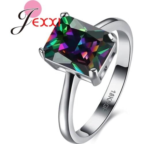 High Quality Man-Made Rainbow Color Luxury Woman Ring White Gold Color Rectangle Crystal Lady Engagement Ring Best 1