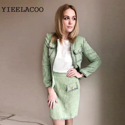 2 piece Skirt Suit Business Ladies Tweed Jacket + Skirt offices Elegant Spring / Autumn / Winter Womens Jacket Green