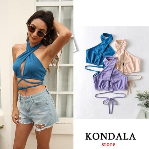 KONDALA Womens Tank Za Fashion 2021 Hollow Out Tank Tops for Women Sexy Short Crop Tops Bow Tie Crossover Streetwear Mujer Tops