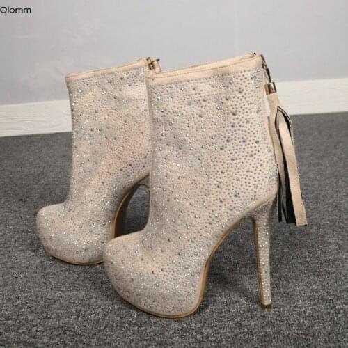 Olomm New Women Platform Ankle Boots Sexy Stiletto High Heels Boots Round Toe Gorgeous beige Party Shoes Women Plus US Size 5-15