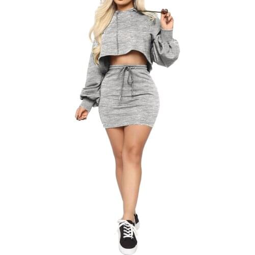Womens Sexy 2 Pcs SkirtS Sets Loose Drawstring Long Sleeve Hoodies High Waist Skirts autumn casual solid Outfits
