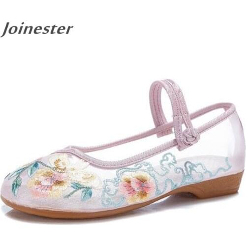 Mesh Mary Jane Women Summer Shoes Floral Embroider Ladies Sandals Low Heel Loafers Woman Dance Shoes Ethnic Espadrilles Sandals