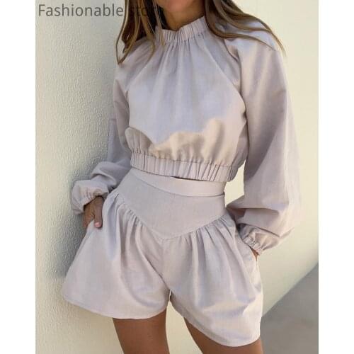 Women Elegant Solid Color Lantern Sleeve Crop Top and High Waist Ruched Shorts 2pcs Set