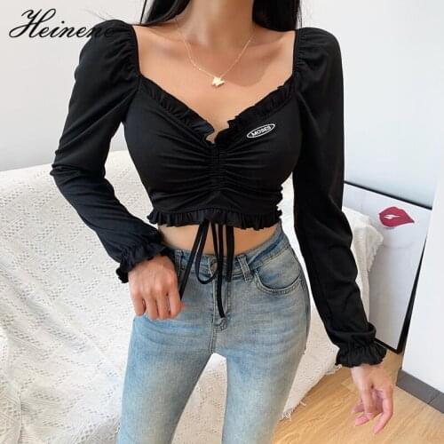 Heinene Gothic Womens Sexy Black Bandage Long-Sleeved Tops Stitching Trumpet Sleeve CropTops Streetwear Slim Womens Clothes