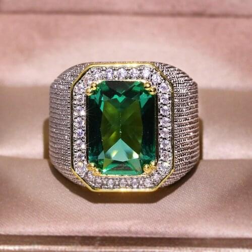 14K Yellow Gold Ring for Men Pure Natural Emerald Gemstone Bizuteria Jewelry Invisible Setting Square Engagement 14K Gold Rings