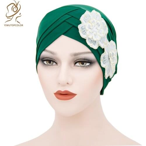2021 Fashion Ladies Forehead Cross Plum Blossom Hat Beanie Elastic Soft Top Hat Adult Women Milk Silk Flower Cap Muslim Turban