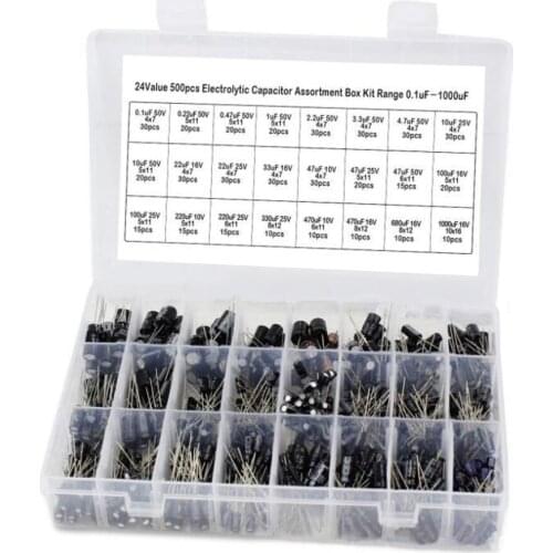 24Values 500pcs Electrolytic Capacitor Assortment Kit With Storage Box 0.1uF－1000uF Capacitors Assortment Box Kit