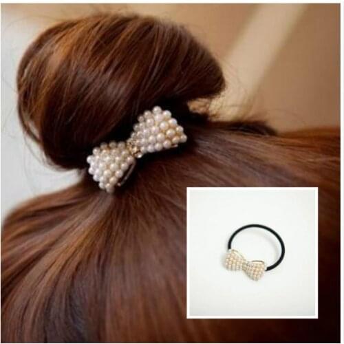 50pcs Women hair Accessories Fashion Lovely Pearl Bow Bowknot Hair Band Hair Clip Elastic Hair Accessories