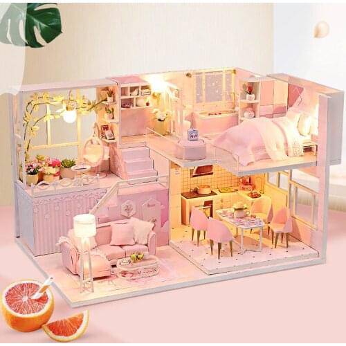 Diy maison Wooden Miniature Furniture DollHouse Warm Pink Loft Model Building Kits casa Toy For Kids Girls Xmas Brithday Gifts