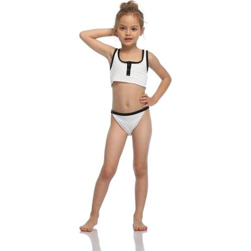 2021 New Children Cute Two Piece Split Swimsuit Solid Color Stitching Suspender Tops and Buckle Triangle Shorts Bikinis Set
