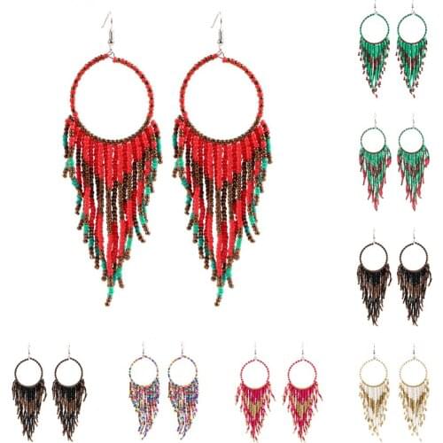 Ethnic bohemian Handmade Women Czech Colorful Glass Seed Beads Long Tassel Hook Dangle Hoop Earrings Jewelry