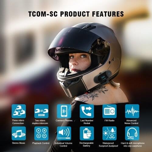 FreedConn TCOM-SC Motorcycle Bluetooth Helmet Headset 800M Wireless Intercom Helmet Headphone with 2 in 1 Headset for all Helmet