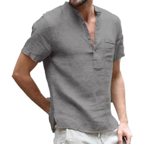 Summer Men Tees Solid Color Stand Collar Men T-Shirt Quick Drying Buttons V Neck Short Sleeve Casual T-shirt Pullover Top 3XL