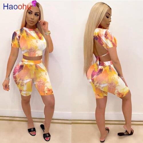 HAOOHU 2020 Women Summer Tie-dye Print Two Piece Set Classic Short Sleeve T-shirt Shorts Joggers Suit Tracksuit Outfit