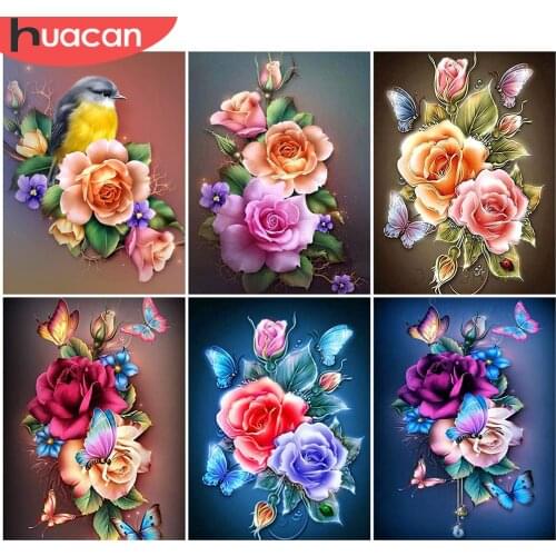 HUACAN 5D DIY Flower Diamond Painting Cross Stitch Full Square Round Drill Embroidery Colorful Rose Handmade Wall Decor