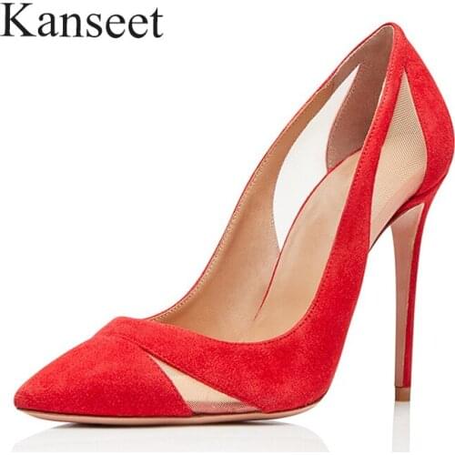 Kanseet New Shallow Professional Female Single Shoes Work Mesh Breathable Comfortable Sexy Pointed Stiletto Heel Women Pumps Red