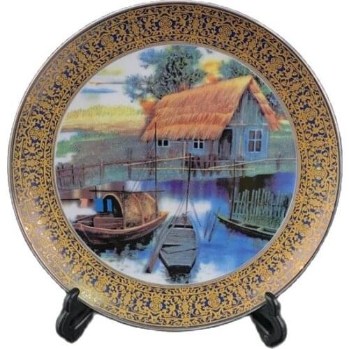 Chinese Old Porcelain Gilt Edged Plate With Pastel Landscape Pattern