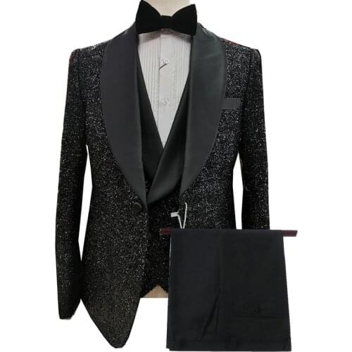 Handsome Shiny Black Men Suit Wedding Suits For Men Shawl Collar 3 Pieces Slim Fit Mens Party Tuxedos Groom Wear Bridegroom