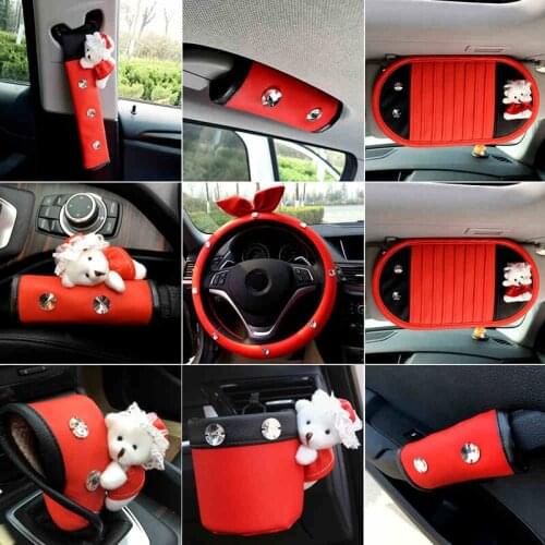 Red Car Interior Ddecoration Accessories Ladycrystal Seat Belt Cover Leather Diamond Steering Wheel Cover Headrest Neck Pillow
