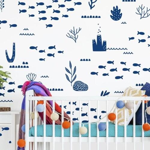 Cartoon Nautical Ocean Animal Fish Wall Sticker Baby Nursery Kids Room Sea Fish Plant Wall Decal Bedroom Playroom Vinyl Decor