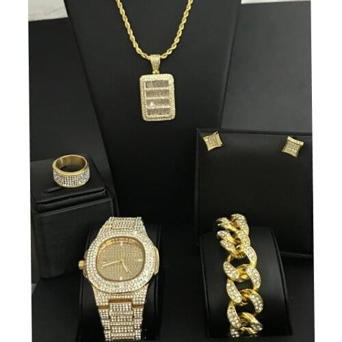 Men Watch Hip Hop Watch & Necklace & Bracelet & Earrings & Ring Set Ice Out Cuban Top Brand Luxury Shining Stainless New