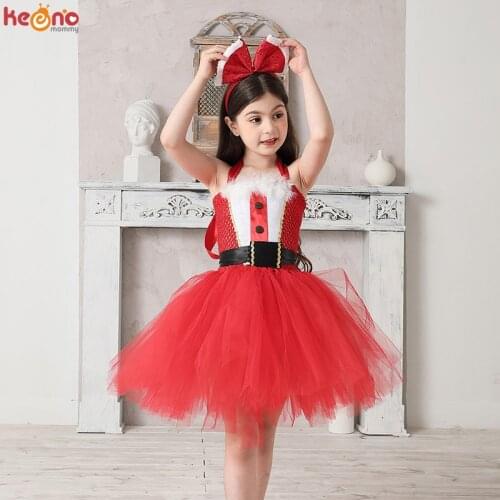 Miss Santa Fancy Tutu Dress with Headband Girls Christmas Xmas Claus Costume Children New Year Dress up Party Tulle Dresses