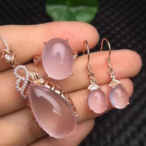 Natural Mozambique Pink Pendant Earrings Rings Three Set 925 Silver Jacket Design Female Style