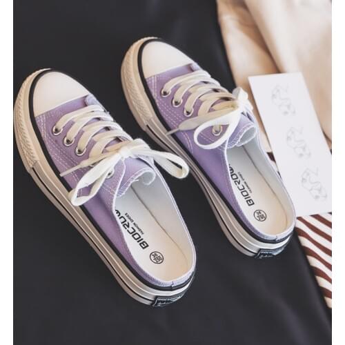 2020 Summer New Slipper Canvas Shoes Womens All-match Girls Half White Shoes Purple Loafers Without Back Basic Style Must Have