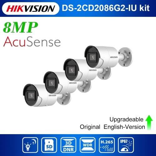 Original Hikvision AcuSense DS-2CD2086G2-I and DS-2CD2086G2-IU 4K POE 8MP IP66 Fixed Mini Bullet Network Camera 4 PCS Kit