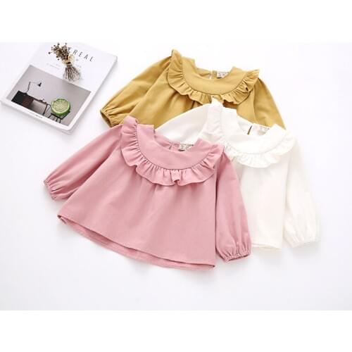 Spring Autumn Baby Girls Pure Cotton Shirts Puff Sleeve Loose Long-Sleeved Ruffle Tops Kids Blouses Yellow White Pink 1-4 Years