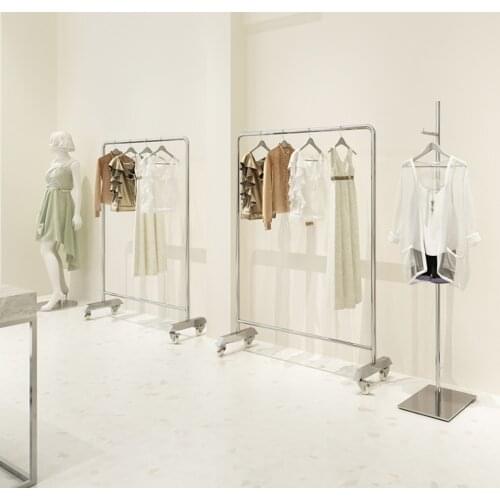 Clothing store display rack hanger stainless steel brushed with wheels floor-standing silver womens clothing store shelf displa