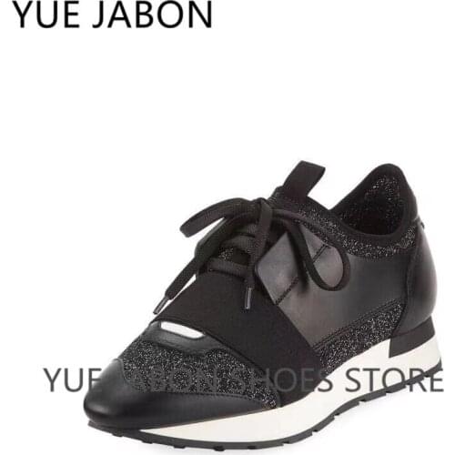 New platform shoes mixed color pointed toe shoes ladies lace up chunky mesh leather shoes black Being white ladies casual shoes