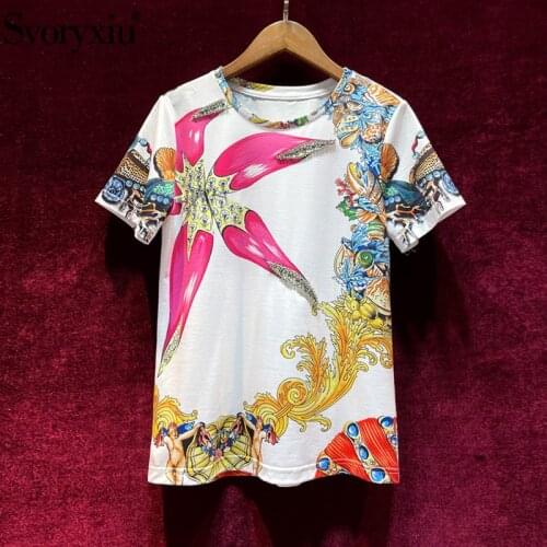 Svoryxiu Womens Summer Plus Size Vintage T Shirts Short Sleeve Diamond Beaded Print Fashion Tops Tees Female