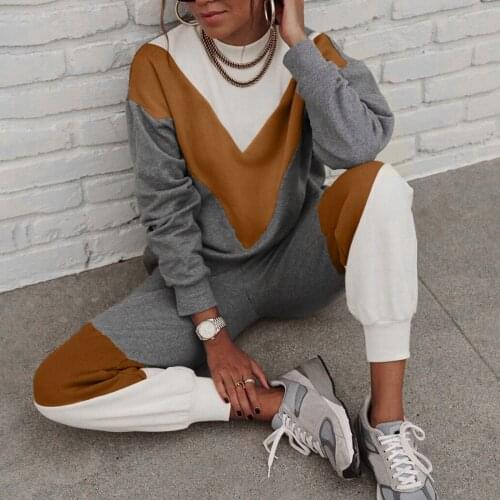 Women Stitching Color Tracksuit Winter Long Sleeve O-neck Drawstring Loose Trousers Suit Two Piece Set Lounge Clothing