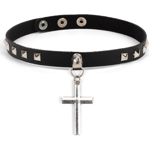 Punk Gothic Cross Pendant Black PU Leather Choker Necklace Women Statement Exaggerated Rivet Choker Collar Kolye Jewelry YRX02