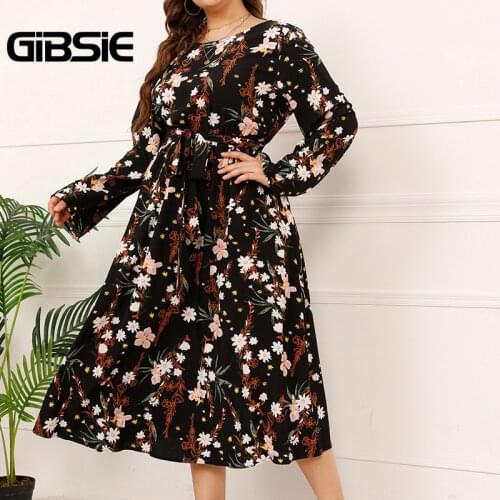 GIBSIE Plus Size Floral Print O-Neck Belted Dress Women Autumn Long Sleeve Vacation Boho Casual Woman Long Dresses 2021 New