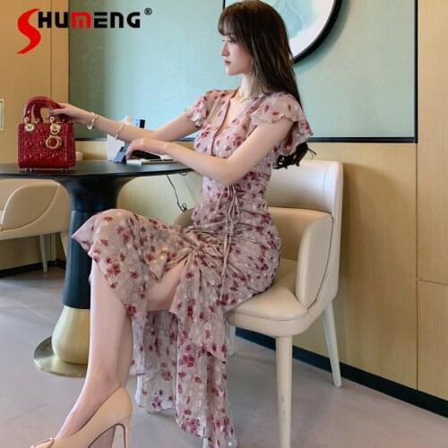2021 Summer New Korean Elegant V-neck Flying Sleeves Pleating Split Romantic Floral Slim-Fitting Dress for Women